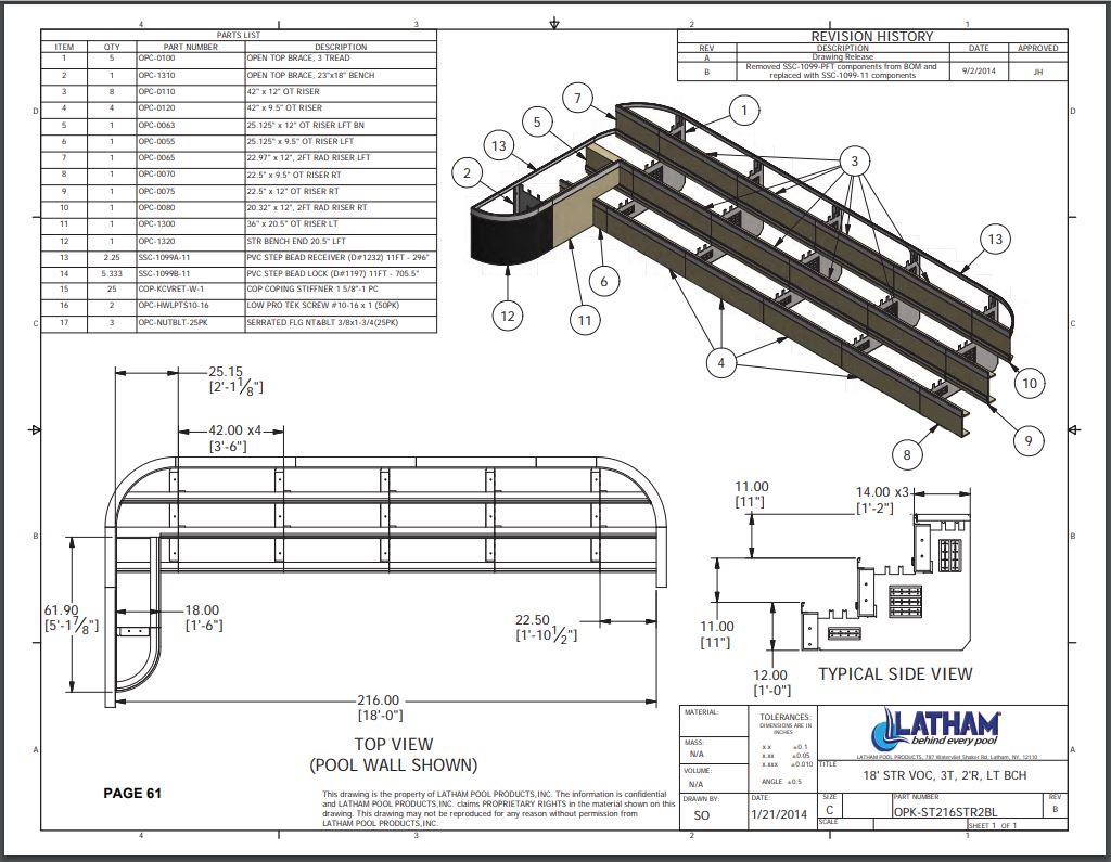 18' Straight Step Polymer 2'R 3-Tread w/ Left Bench